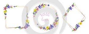 Set of vector frames with spring flowers. Collection of borders with watercolor flowers of different colors for your design.